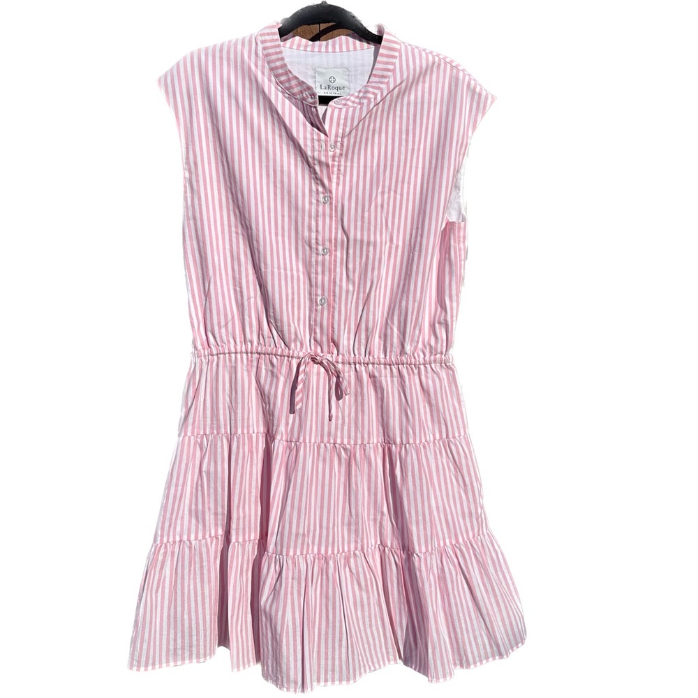 LaRoque Brooke Pink & White Striped V Neck Buttoned Sleeveless Tiered Mini Dress